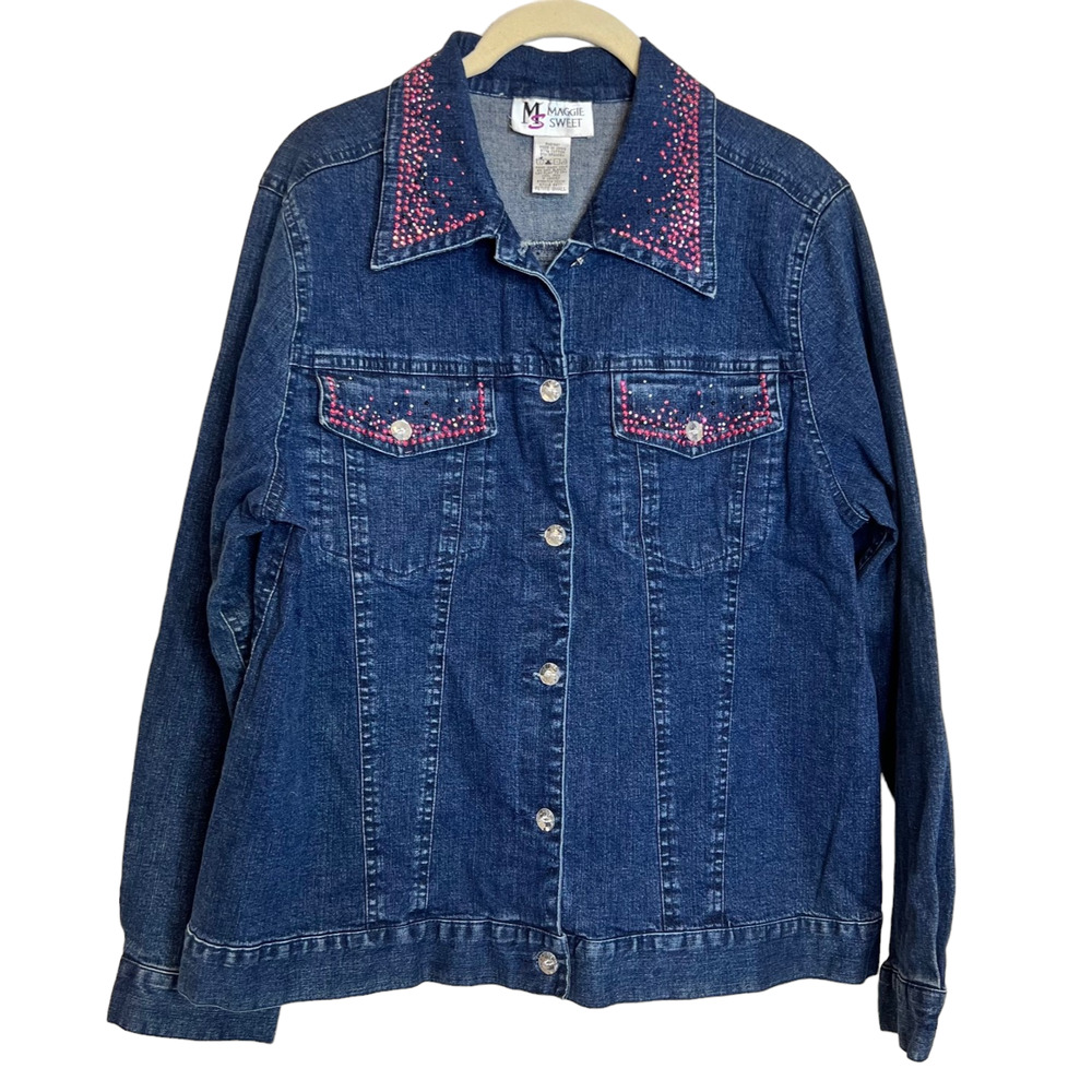 Vintage Maggie Sweet Denim Jacket Petite Small Dark Wash Blue Pink Rhinestones